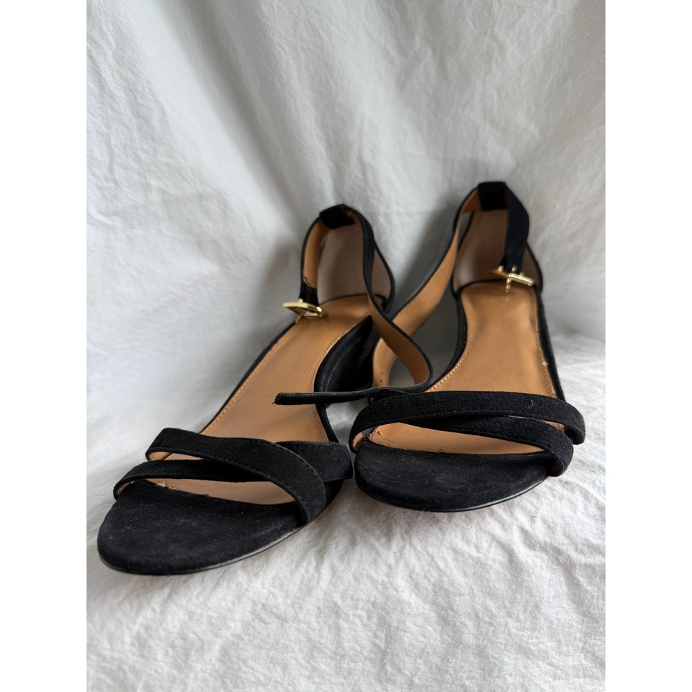 J.Crew Womens Black Suede Ankle Strap Wedge Sandals Gold Buckle Low Heel 9